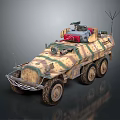 Armored Military Vehicle With Camouflage Paint Six Wheels And Roof Equipment