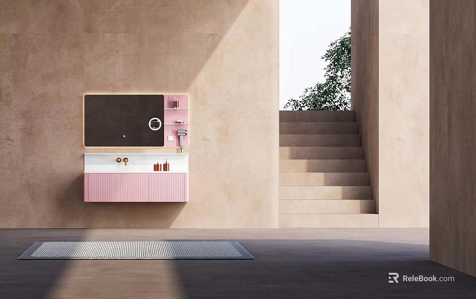 Modern Wall Mounted Bathroom Cabinet With Pink White Design And Black Framed Mirror Shelf 3d model 
