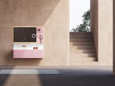 Modern Wall Mounted Bathroom Cabinet With Pink White Design And Black Framed Mirror Shelf 3d model