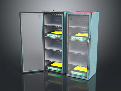 Computer Server Cabinets With Glass Doors And Metal Shelves For Yellow Labeled Equipment 3d model
