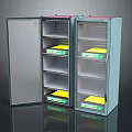 Computer Server Cabinets With Glass Doors And Metal Shelves For Yellow Labeled Equipment