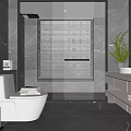 Modern Bathroom Interior With Marble Tiles Double Vanity Round Mirror And Blinds