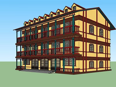 Traditional Three Story Building Featuring Yellow Exterior Red Balconies And Multiple Windows 3d model