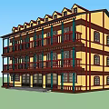 Traditional Three Story Building Featuring Yellow Exterior Red Balconies And Multiple Windows