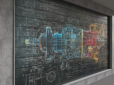 Black Wooden Wall With Mechanical Engineering Drawings And Colorful Gears In Hand Drawn Style 3d model