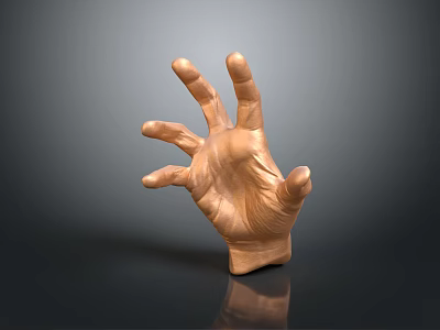 Man's Bronze Hand Sculpture with Open Palm Extended Fingers on Gray Gradient Background with Reflection 3d model