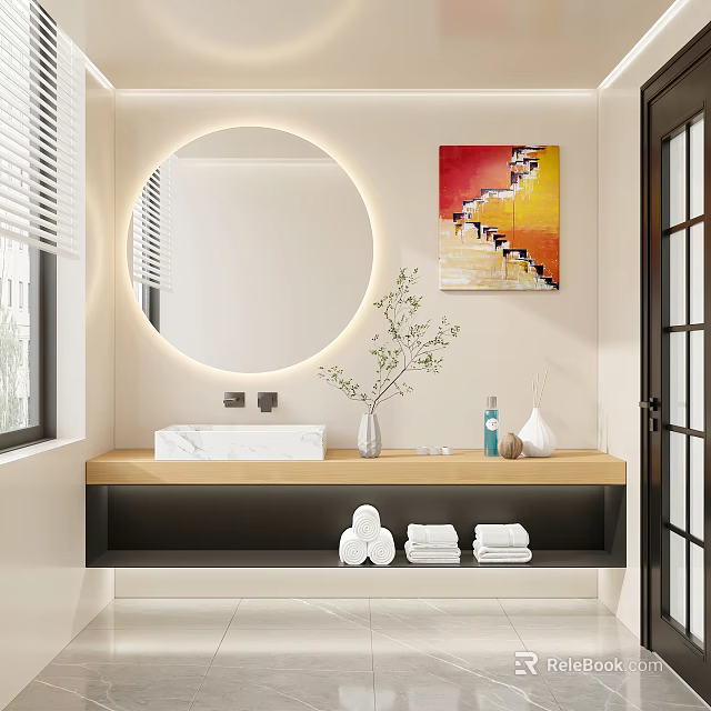 Modern Bathroom Vanity with Round Backlit Mirror Wooden Countertop Sink Faucet Towel Rolls and Vase 3d model 