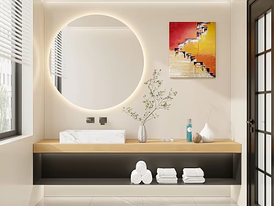Modern Bathroom Vanity with Round Backlit Mirror Wooden Countertop Sink Faucet Towel Rolls and Vase 3d model
