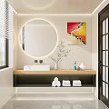 Modern Bathroom Vanity with Round Backlit Mirror Wooden Countertop Sink Faucet Towel Rolls and Vase
