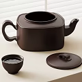Dark Brown Square Teapot With Small Cup And Lid On Light Colored Tabletop By Blinds