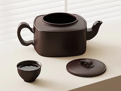 Dark Brown Square Teapot With Small Cup And Lid On Light Colored Tabletop By Blinds 3d model