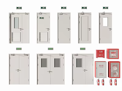 Different Types of Fire Doors and Fire Safety Equipment Including Extinguishers and Alarm Boxes 3d model