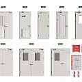 Different Types of Fire Doors and Fire Safety Equipment Including Extinguishers and Alarm Boxes