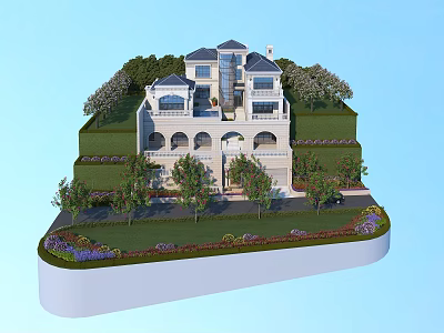 Classical Detached Villa With Arched Windows Lush Lawns And Surrounding Trees 3d model