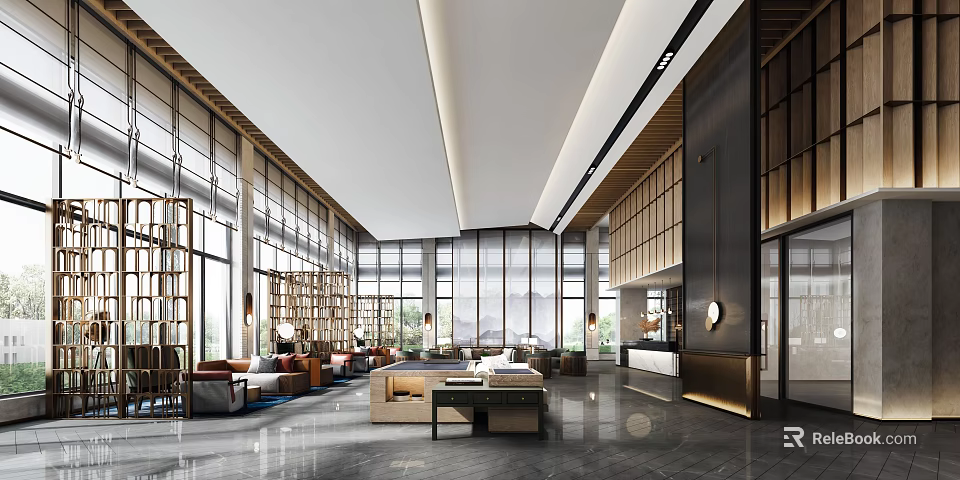Modern Spacious Hotel Lobby With Large Windows Comfortable Sofas And Elegant Lighting Design 3d model 