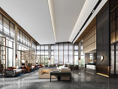 Modern Spacious Hotel Lobby With Large Windows Comfortable Sofas And Elegant Lighting Design 3d model