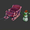 Pink Red Sleigh with Gold Accents and Snowman in Red Santa Hat