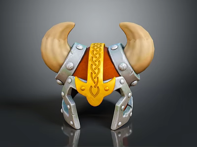 Fantasy Weapon Helmet Featuring Large Horns Metal Construction Gold Accents And Orange Lining 3d model
