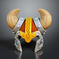 Fantasy Weapon Helmet Featuring Large Horns Metal Construction Gold Accents And Orange Lining