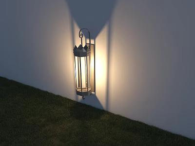 Outdoor Wall Mounted Lantern Light Illuminating White Wall And Grass Area 3d model