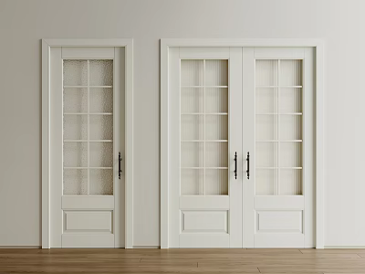 Interior View Of White Double Doors With Glass Grids And Metal Handles On Wooden Floor 3d model