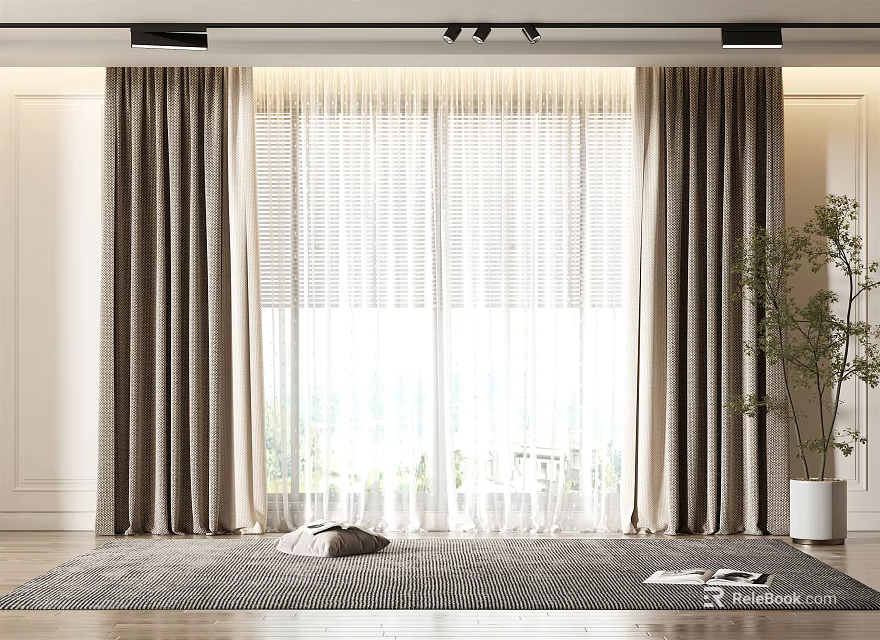 Gray Curtains with White Sheer Panels for Floor to Ceiling Windows Interior Natural Light 3d model 