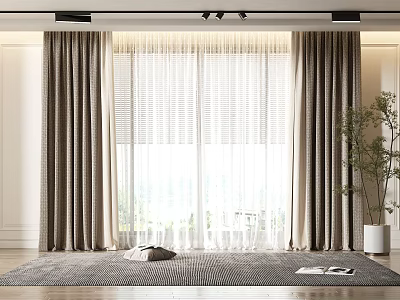 Gray Curtains with White Sheer Panels for Floor to Ceiling Windows Interior Natural Light 3d model