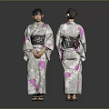 Women Wearing Traditional Kimono With Pink Floral Pattern And Black Obi Front Back View