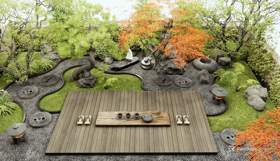 Japanese Courtyard Garden With Wooden Deck Tea Set Stones And Orange Leaf Trees 3d model 