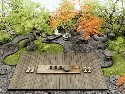 Japanese Courtyard Garden With Wooden Deck Tea Set Stones And Orange Leaf Trees 3d model