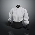 White High Neck Pleated Top With Black Cuffs And Fitted Waist Design