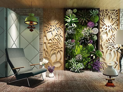Gray Lounge Chair In Modern Interior With Living Plant Wall And Decorative Panels 3d model