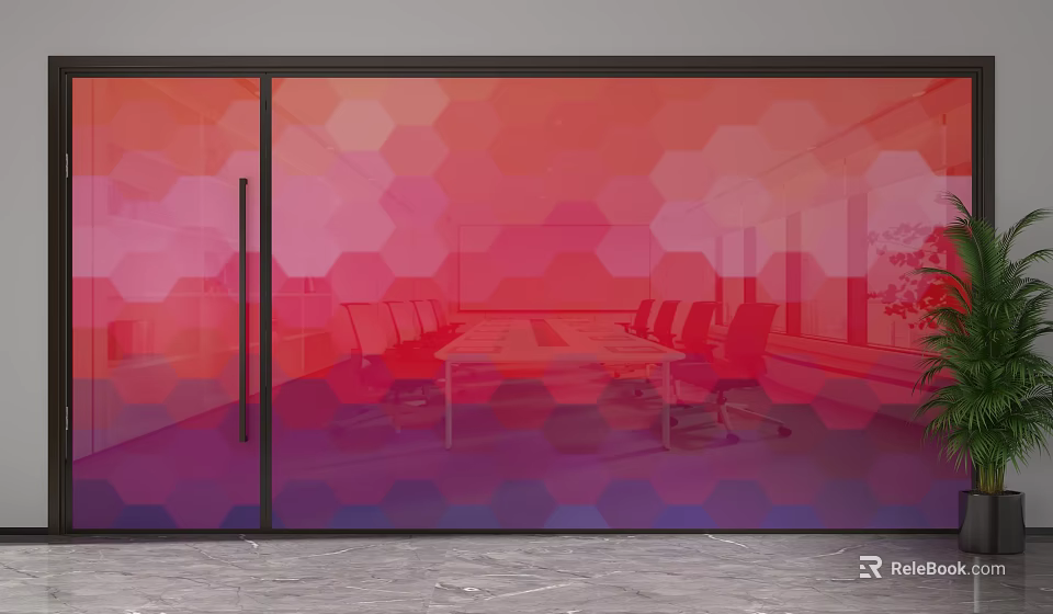 Glass Partition With Red Purple Gradient Hexagonal Pattern In Office Meeting Room 3d model 