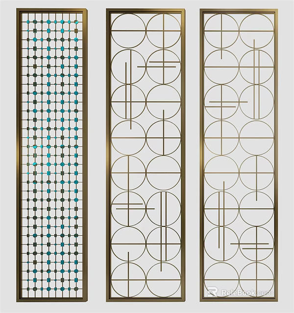 Modern Geometric Design Room Dividers With Metal Frames And Circular Patterns 3d model