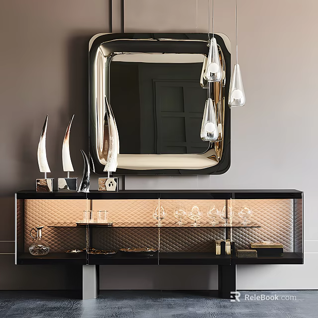 Elegant Modern Black Console Cabinet With Glass Doors Mirror Above Decorative Glassware 3d model 