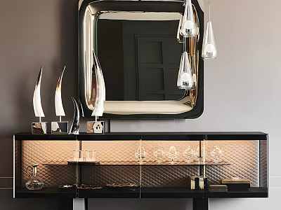 Elegant Modern Black Console Cabinet With Glass Doors Mirror Above Decorative Glassware 3d model