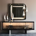 Elegant Modern Black Console Cabinet With Glass Doors Mirror Above Decorative Glassware