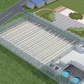 Industrial Factory Plant With Multiple Shed Structures Green Field And Security Fence