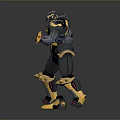 Futuristic Robot Character With Yellow Black Purple Armor And Side Flying Devices