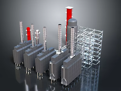 Industrial Equipment Structures With Chimneys Red Components And Metal Frames 3d model