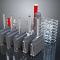 Industrial Equipment Structures With Chimneys Red Components And Metal Frames