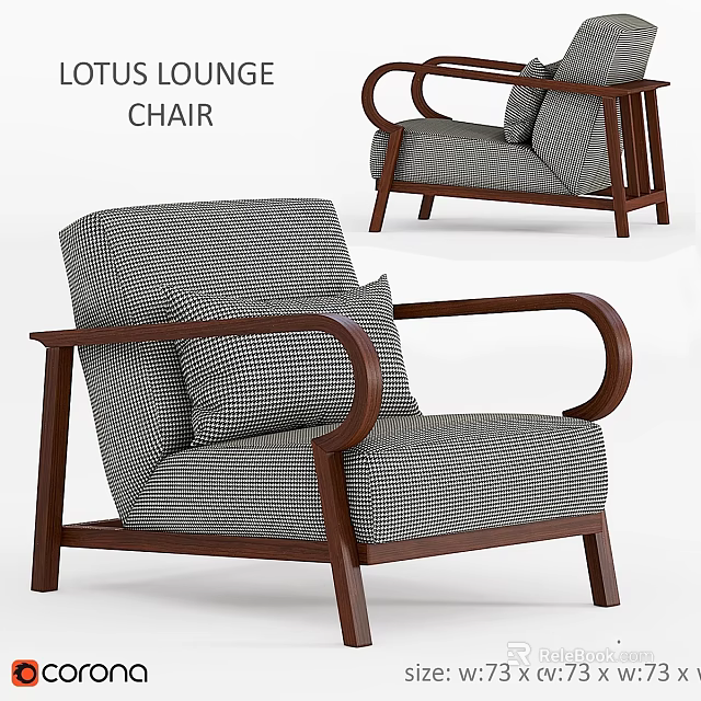 Modern Leisure Chair With Walnut Wooden Frame And Houndstooth Pattern Cushion 3d model 
