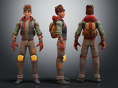 3D Game Character With Red Hood Green Top Brown Backpack And Yellow Knee Pads 3d model