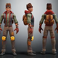 3D Game Character With Red Hood Green Top Brown Backpack And Yellow Knee Pads