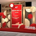 Traditional Chinese Celebration Stage With Red Backdrop Fan Decorations And Golden Accents