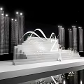 Modern Art Installation With White Stepped Structure Wavy Decor Black Grid Pillars And Lighting 3d model