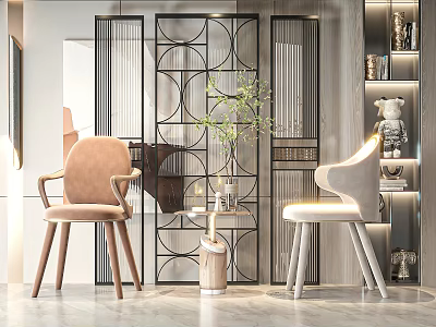 Modern Leisure Chairs Interior Design With Side Table Plant And Decorative Screen 3d model