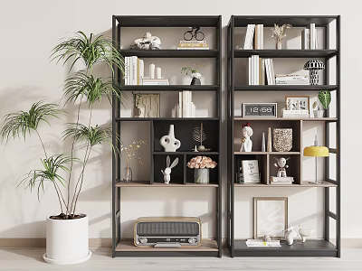 Modern Double Storage Shelves With Decorative Items Books And Potted Plant 3d model