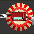 Anthropomorphic Red Vending Machine Character With Popcorn Top Holding Gun On Striped Base