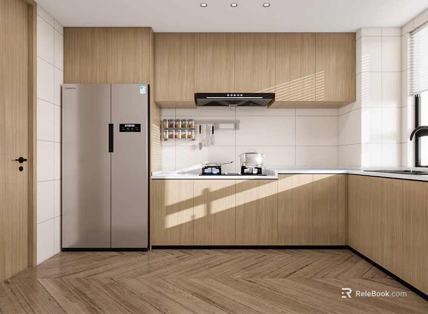 Modern Kitchen Interior With Wooden Cabinets Silver Refrigerator Tiled Walls And Herringbone Flooring 3d model 